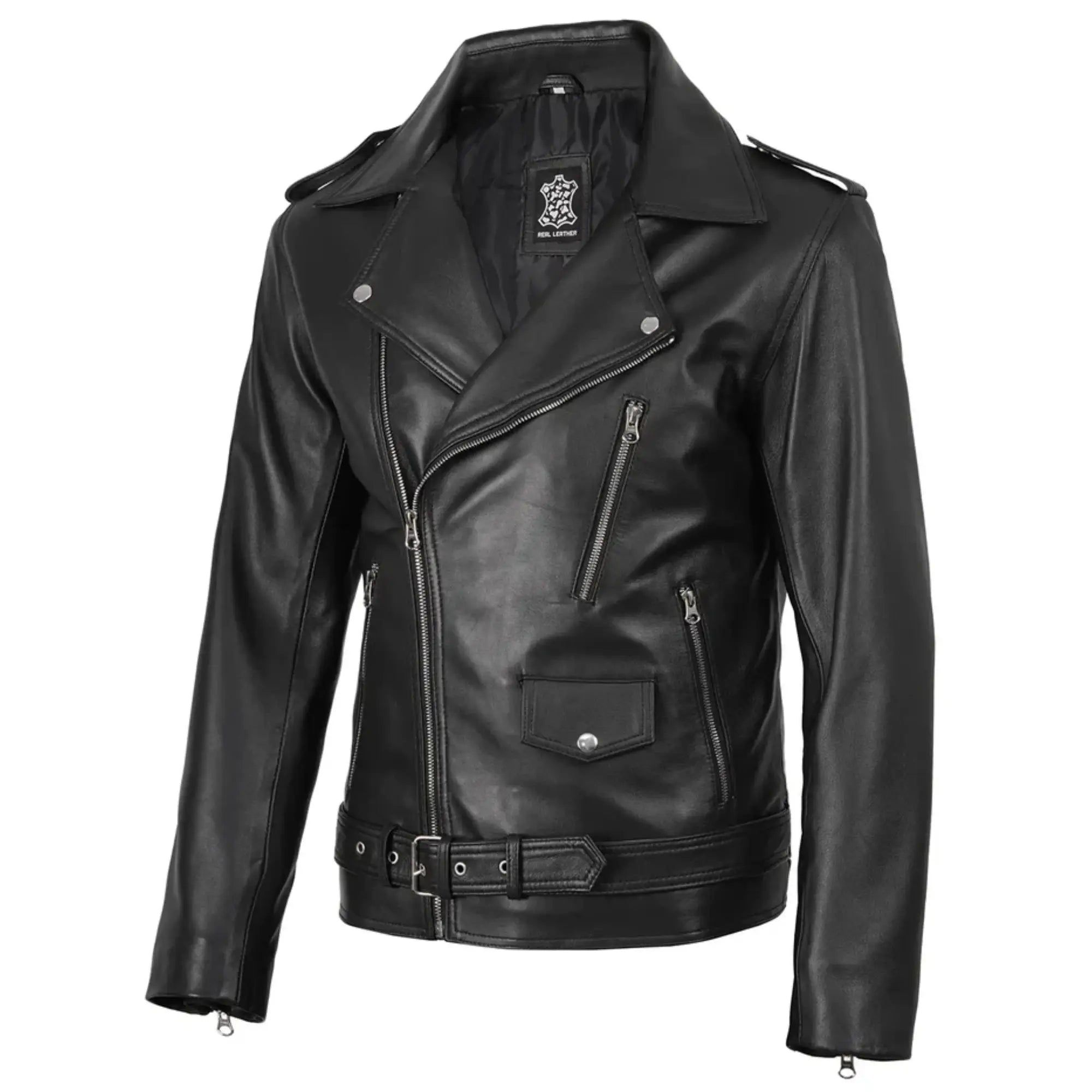Men's Black Asymmetrical Belted Biker Leather Jacket