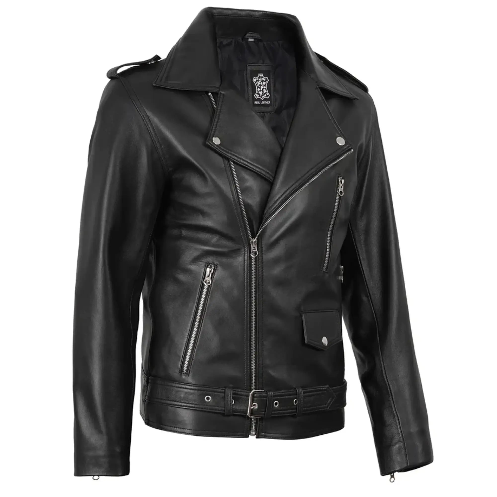 Men's Black Asymmetrical Belted Biker Leather Jacket