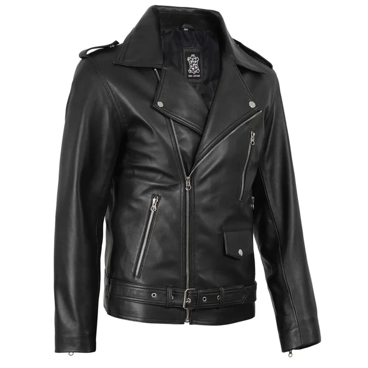 Men's Black Asymmetrical Belted Biker Leather Jacket