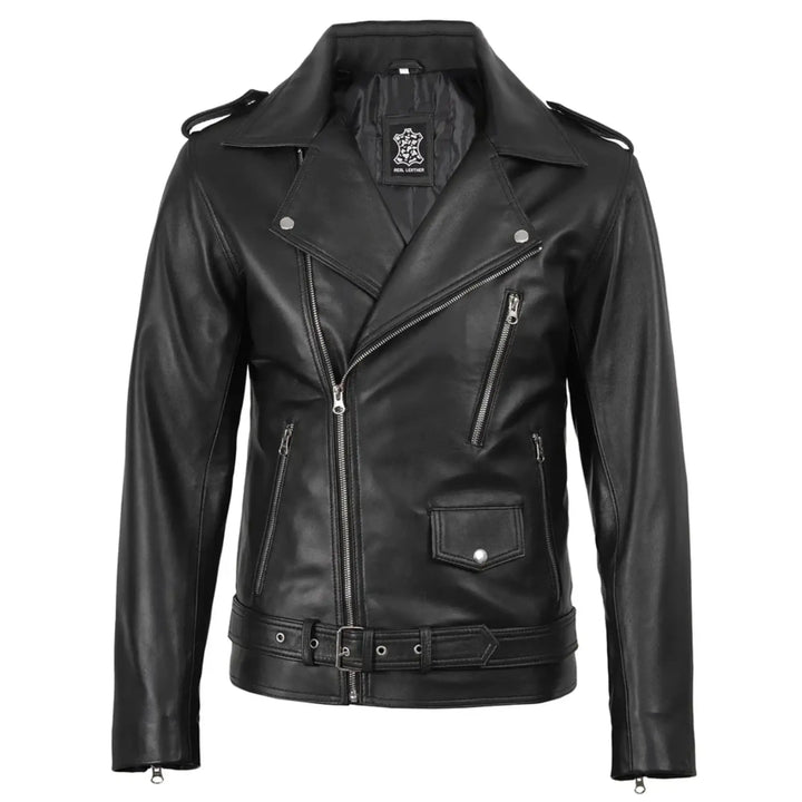Men's Black Asymmetrical Belted Biker Leather Jacket
