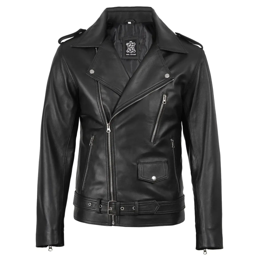 Men's Black Asymmetrical Belted Biker Leather Jacket