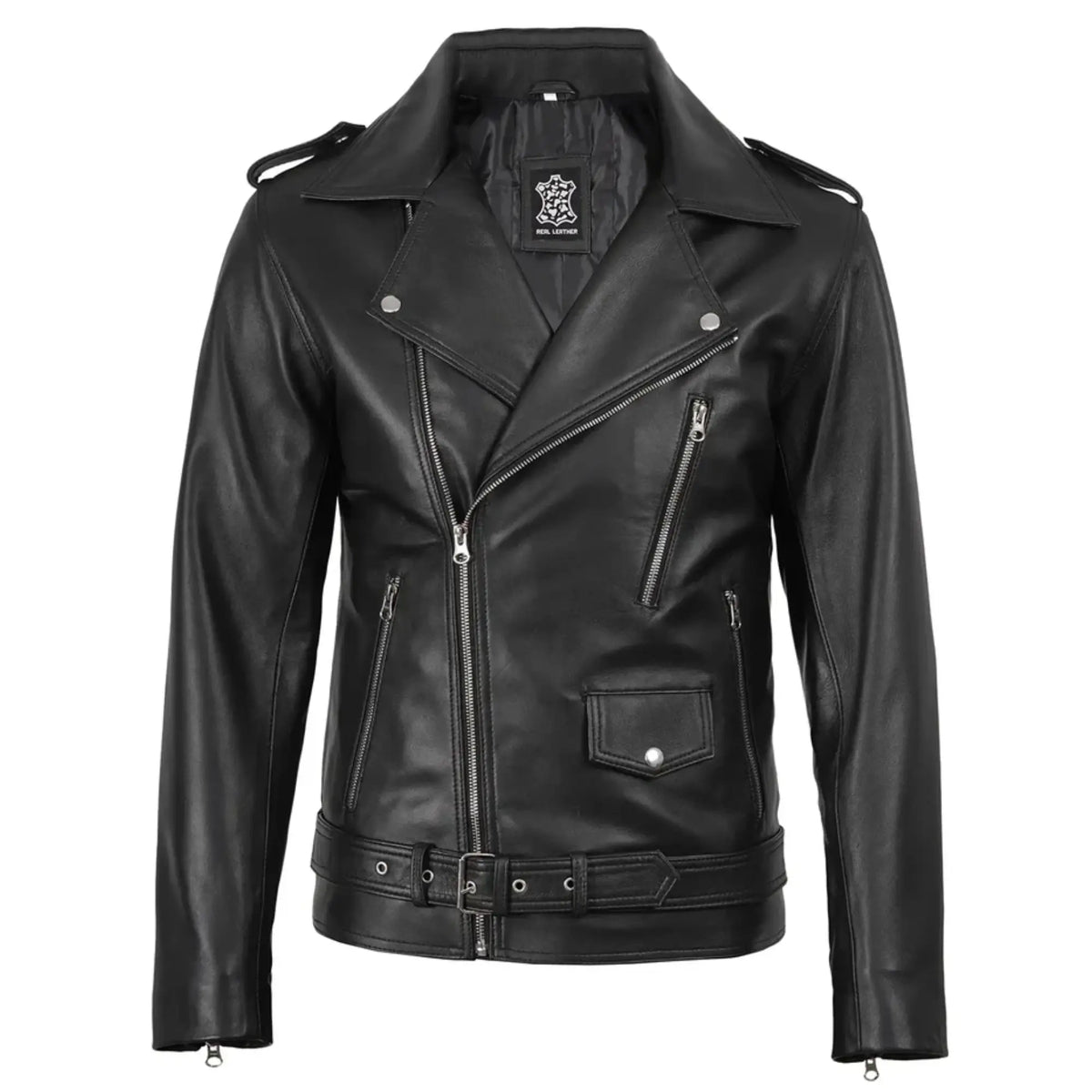 Men's Black Asymmetrical Belted Biker Leather Jacket
