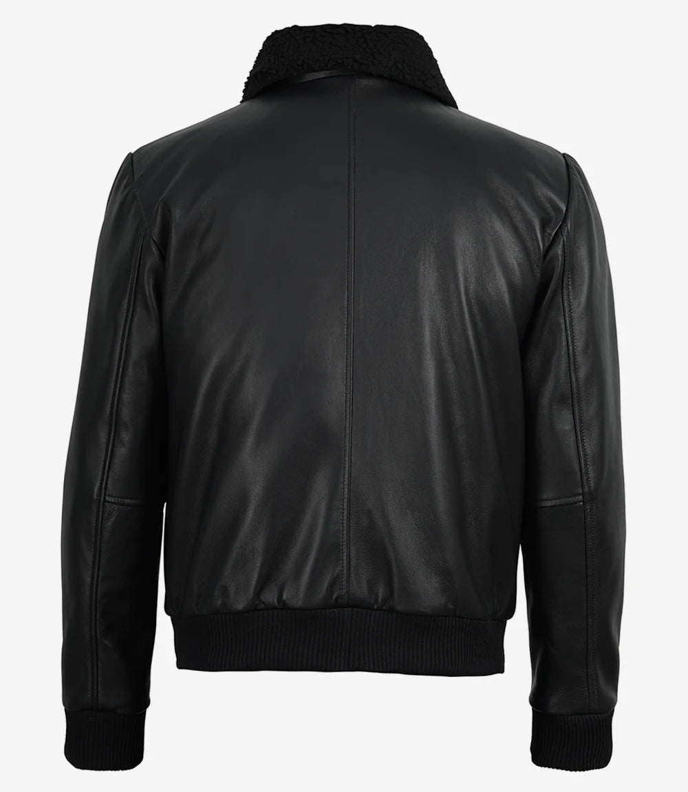 Men's black aviator leather flight jacket with black fur collar