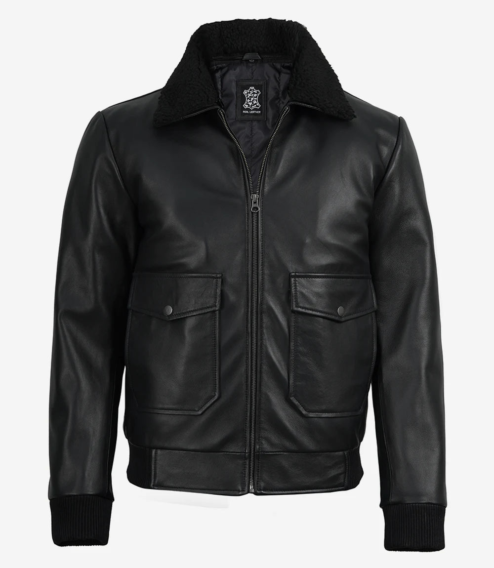 Men's black aviator leather flight jacket with black fur collar