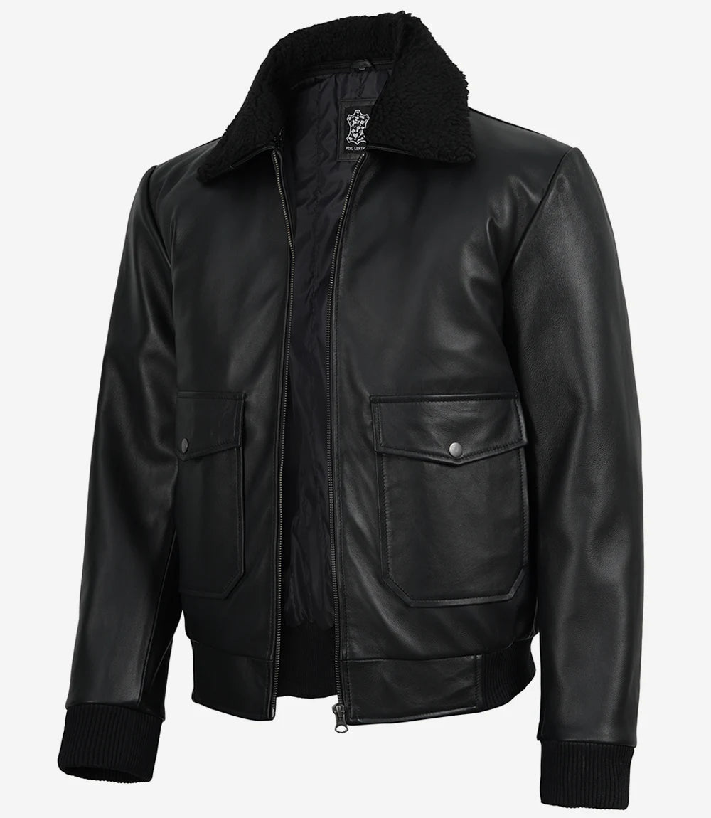 Men's black aviator leather flight jacket with black fur collar