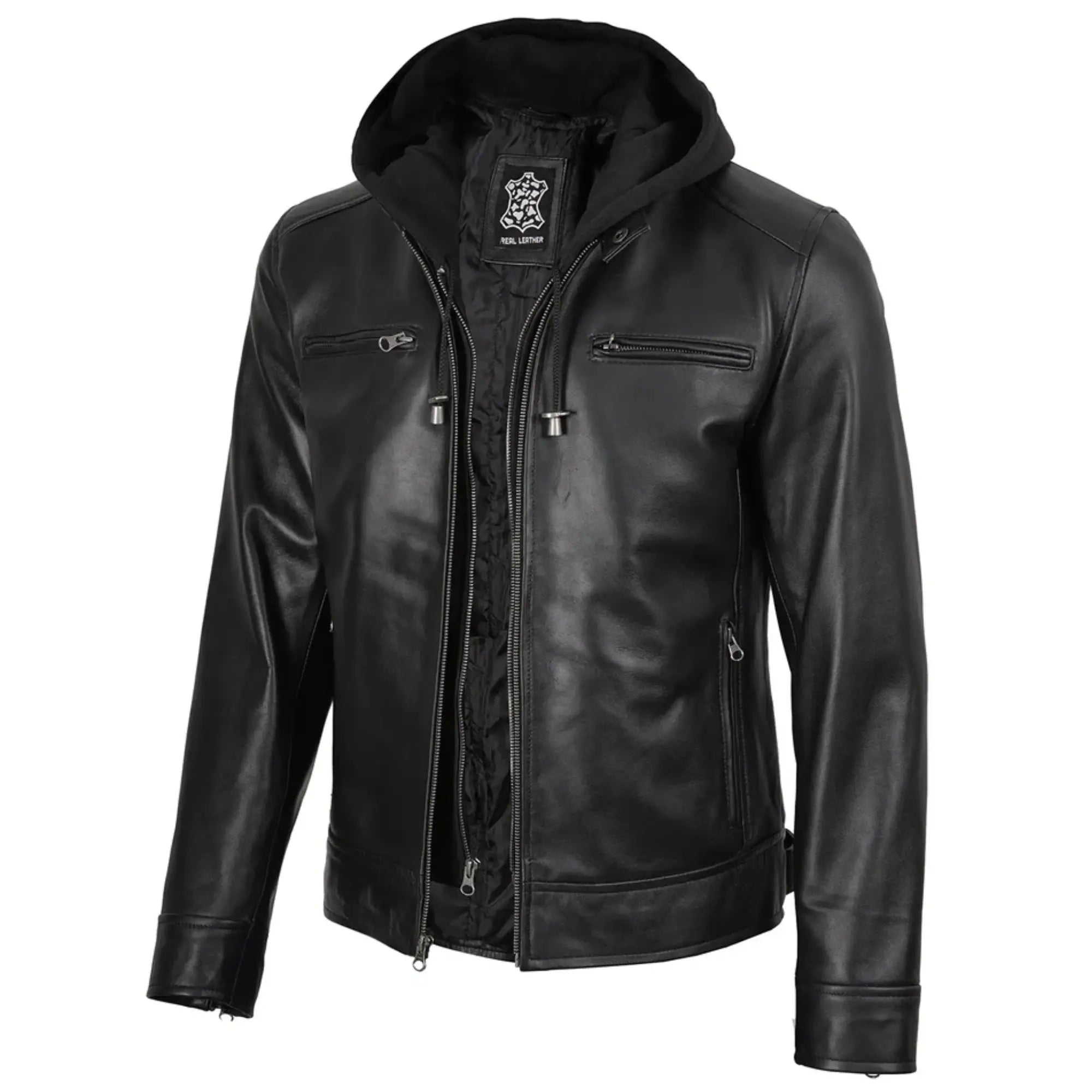 Men's Black Biker Style Leather Jacket with Removable Hood