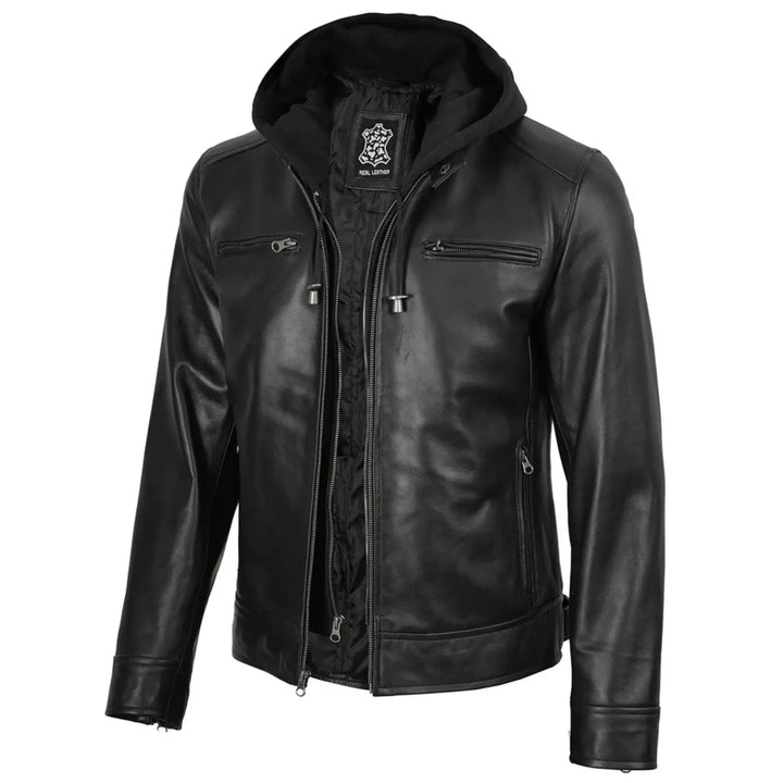 Men's Black Biker Style Leather Jacket with Removable Hood