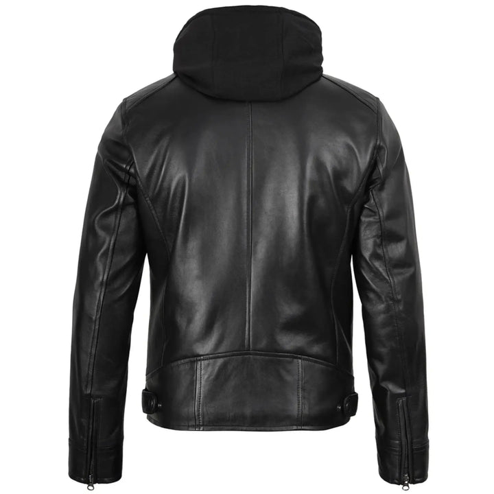 Men's Black Biker Style Leather Jacket with Removable Hood