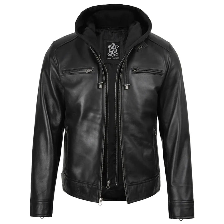Men's Black Biker Style Leather Jacket with Removable Hood
