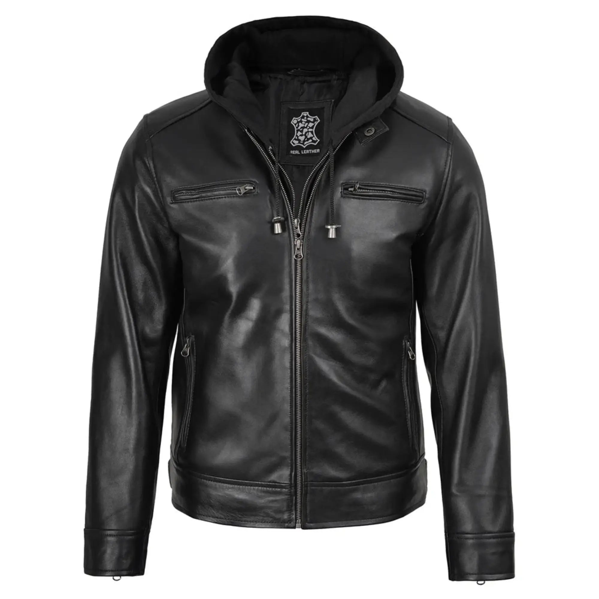 Men's Black Biker Style Leather Jacket with Removable Hood