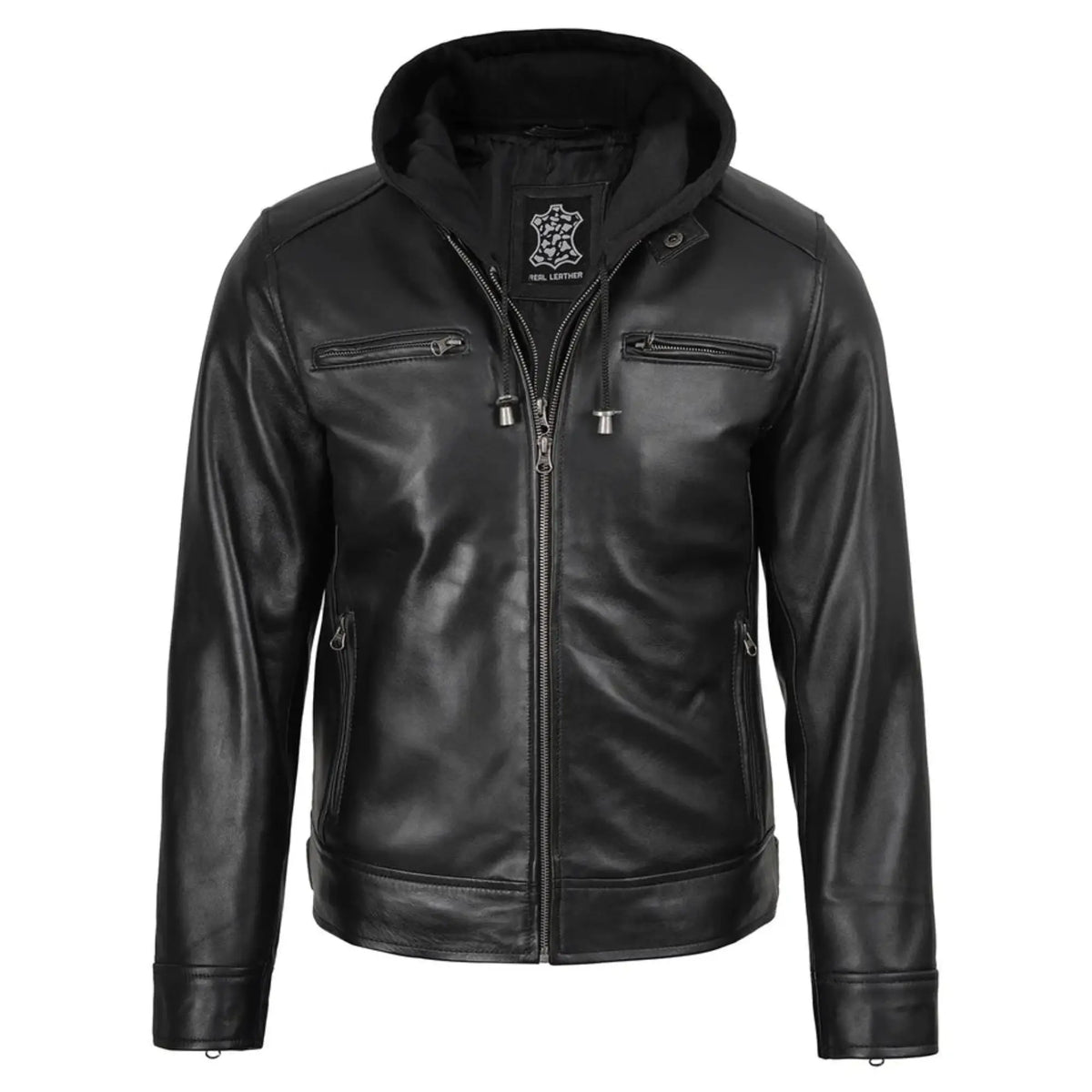 Men's Black Biker Style Leather Jacket with Removable Hood