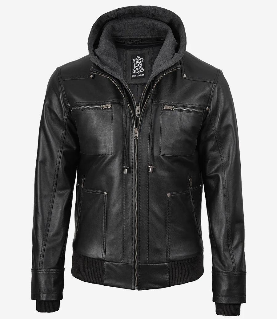 Men's Black Bomber Leather Jacket with Removable Gray Hood