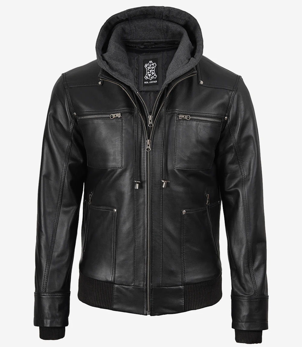 Men's Black Bomber Leather Jacket with Removable Gray Hood