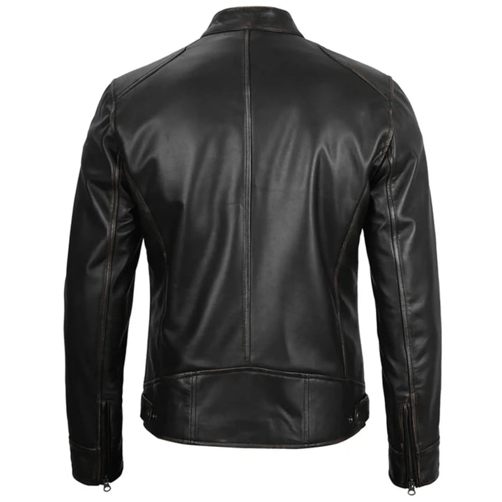 Black leather jacket shown from the back on a white background