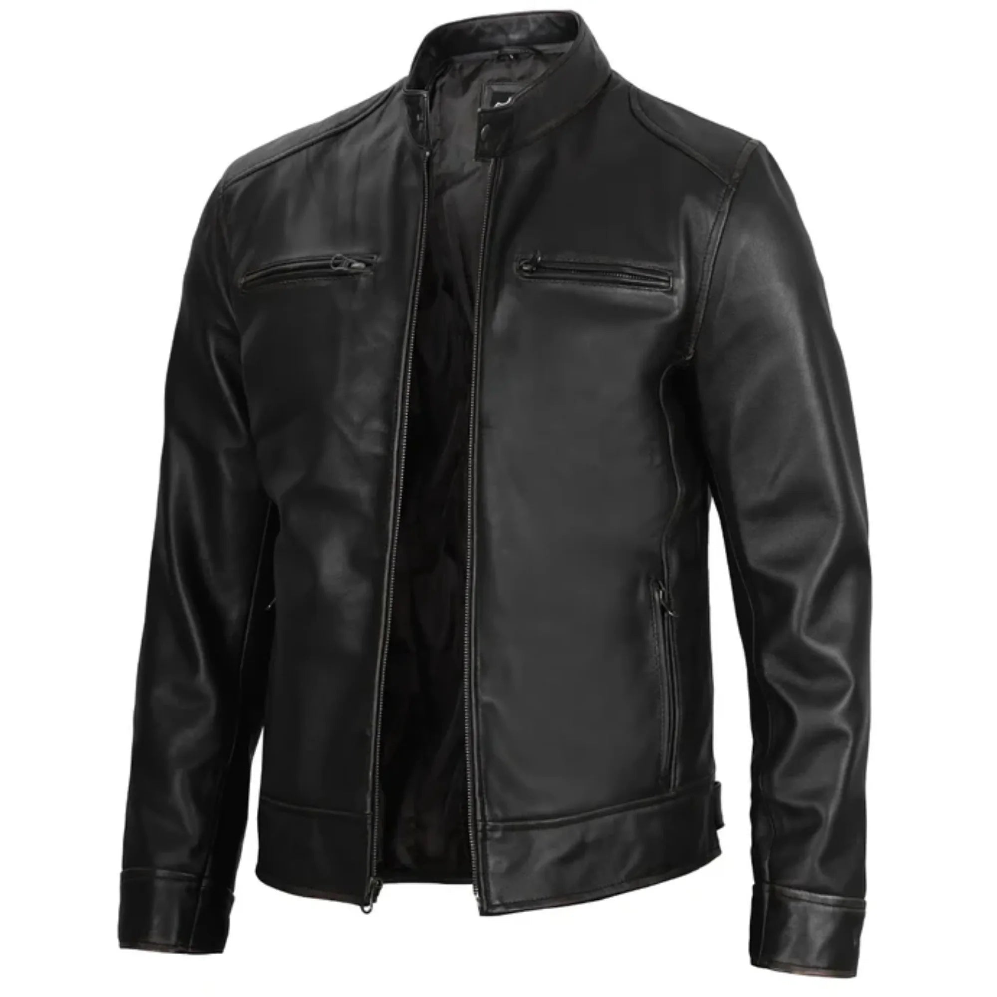 Black leather jacket on a white background