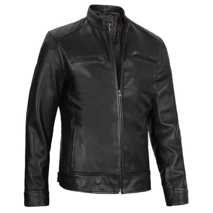 Black leather jacket on a white background
