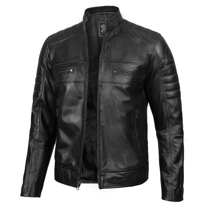 Black leather jacket on a white background