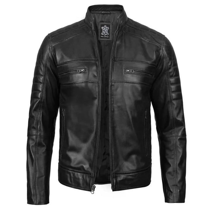 Black leather jacket on a white background