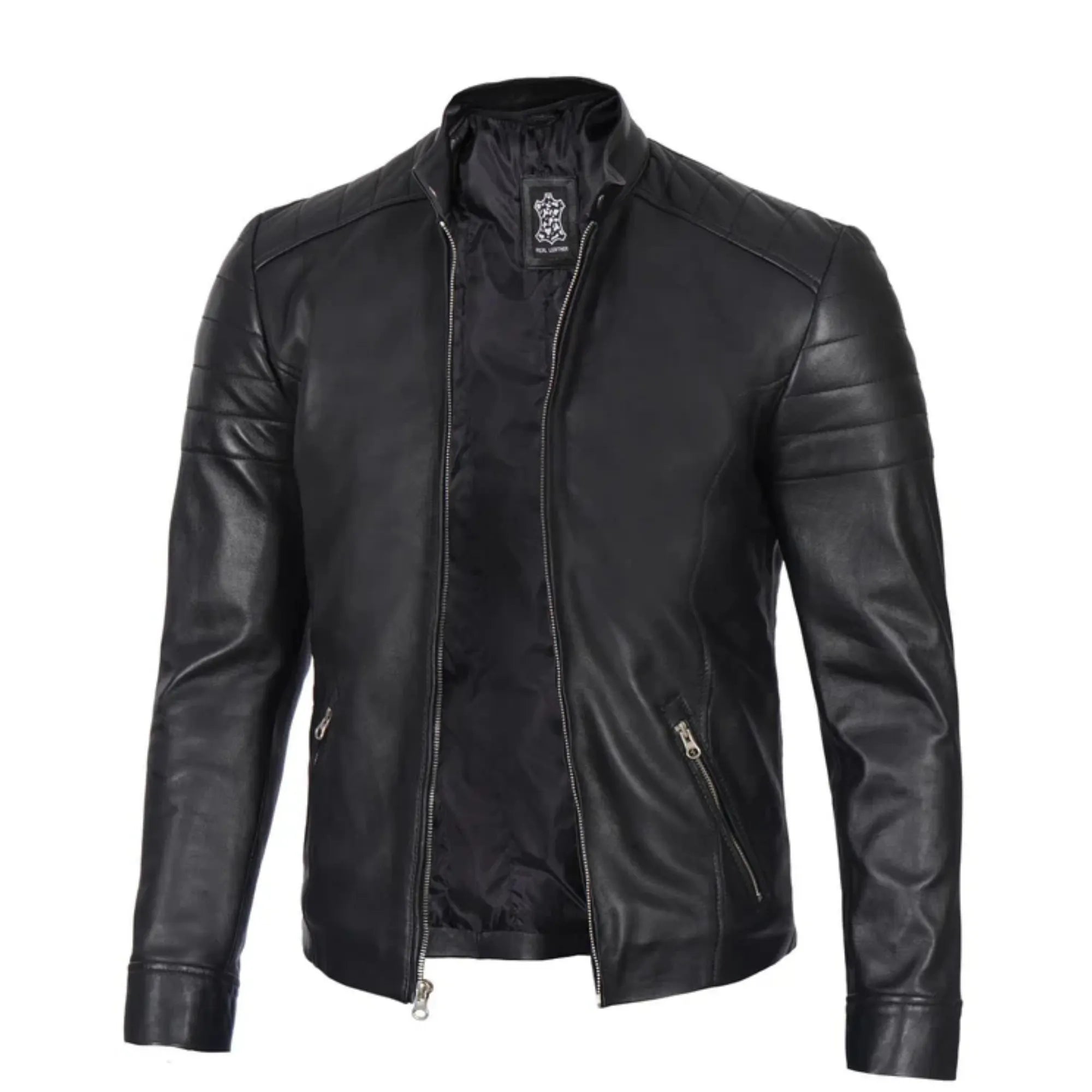 Black leather jacket on a white background