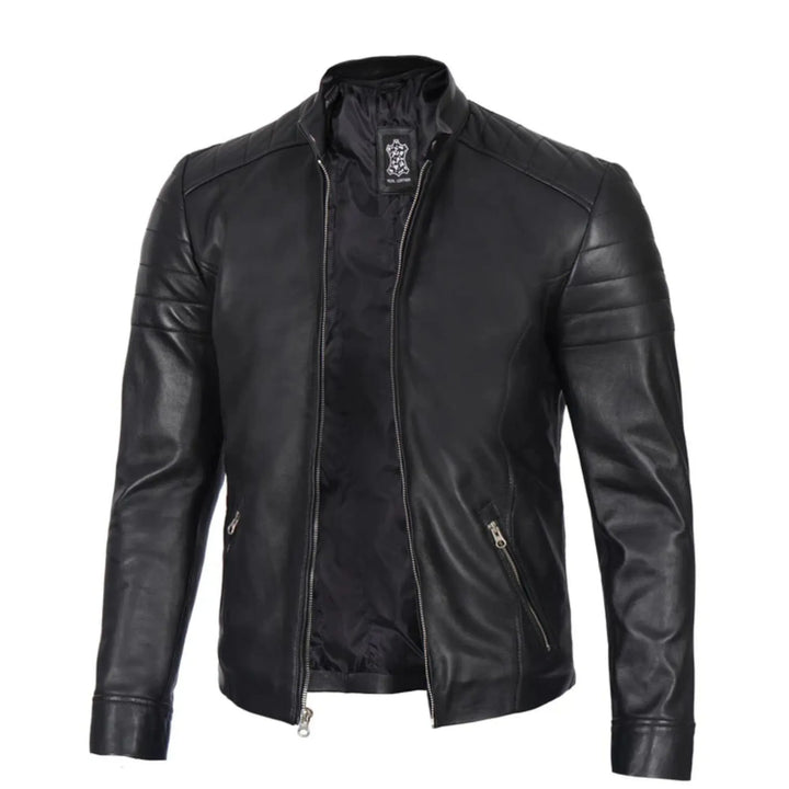 Black leather jacket on a white background