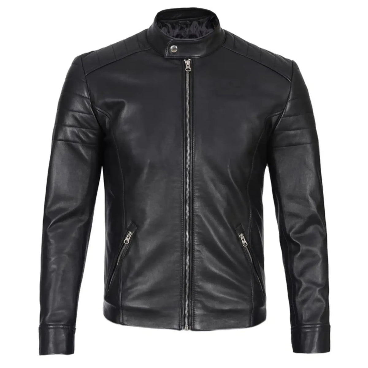 Black leather jacket on a white background