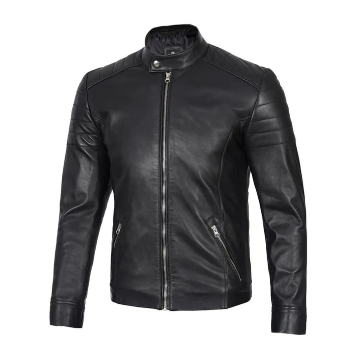 Black leather jacket on a white background