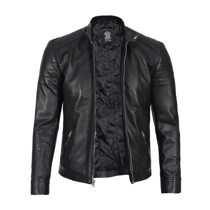 Black leather jacket on a white background