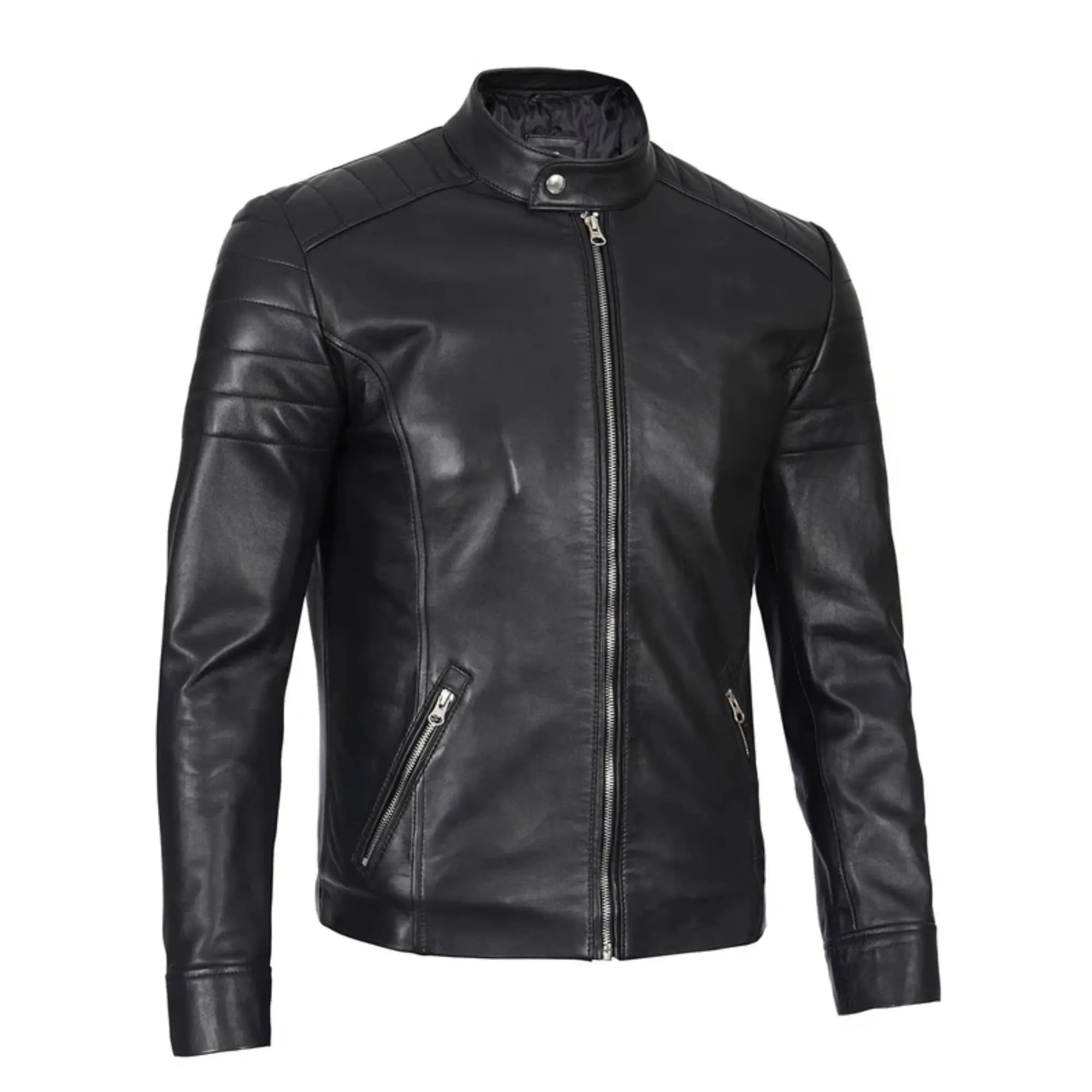 Black leather jacket on a white background