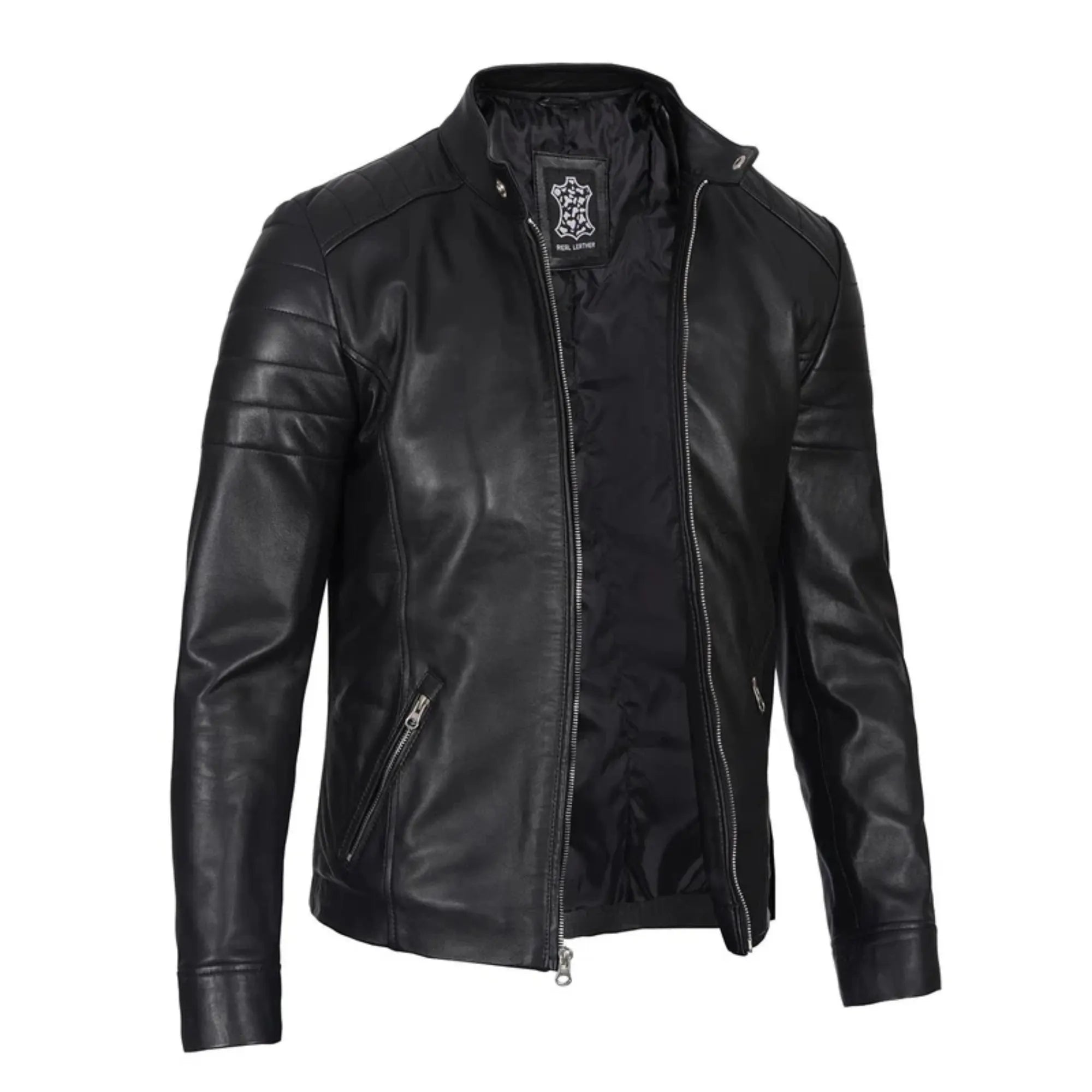 Black leather jacket on a white background