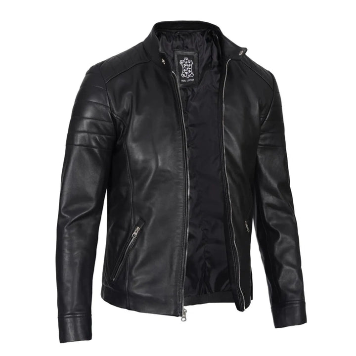 Black leather jacket on a white background