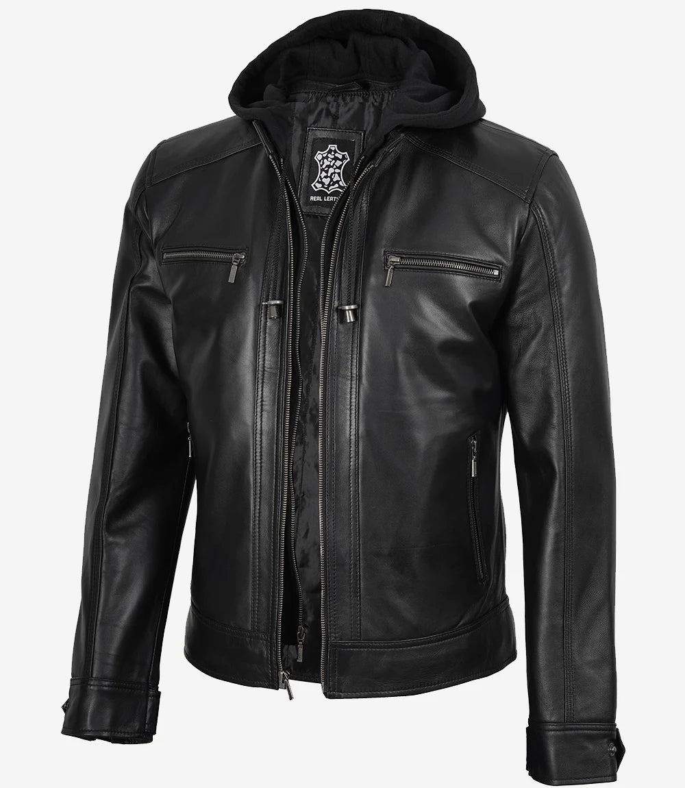 Men's Black Hooded Leather Jacket with Detachable Hood