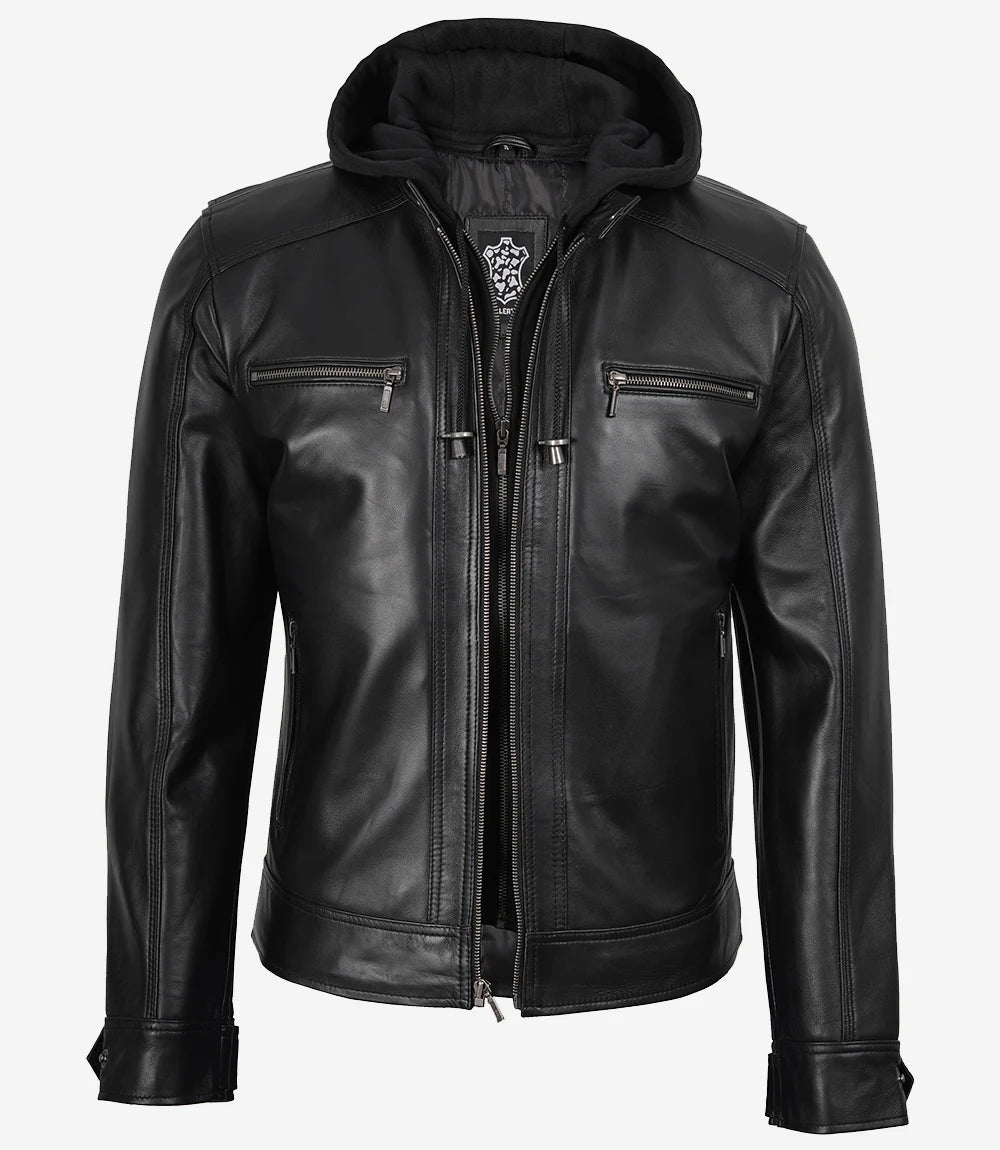 Men's Black Hooded Leather Jacket with Detachable Hood