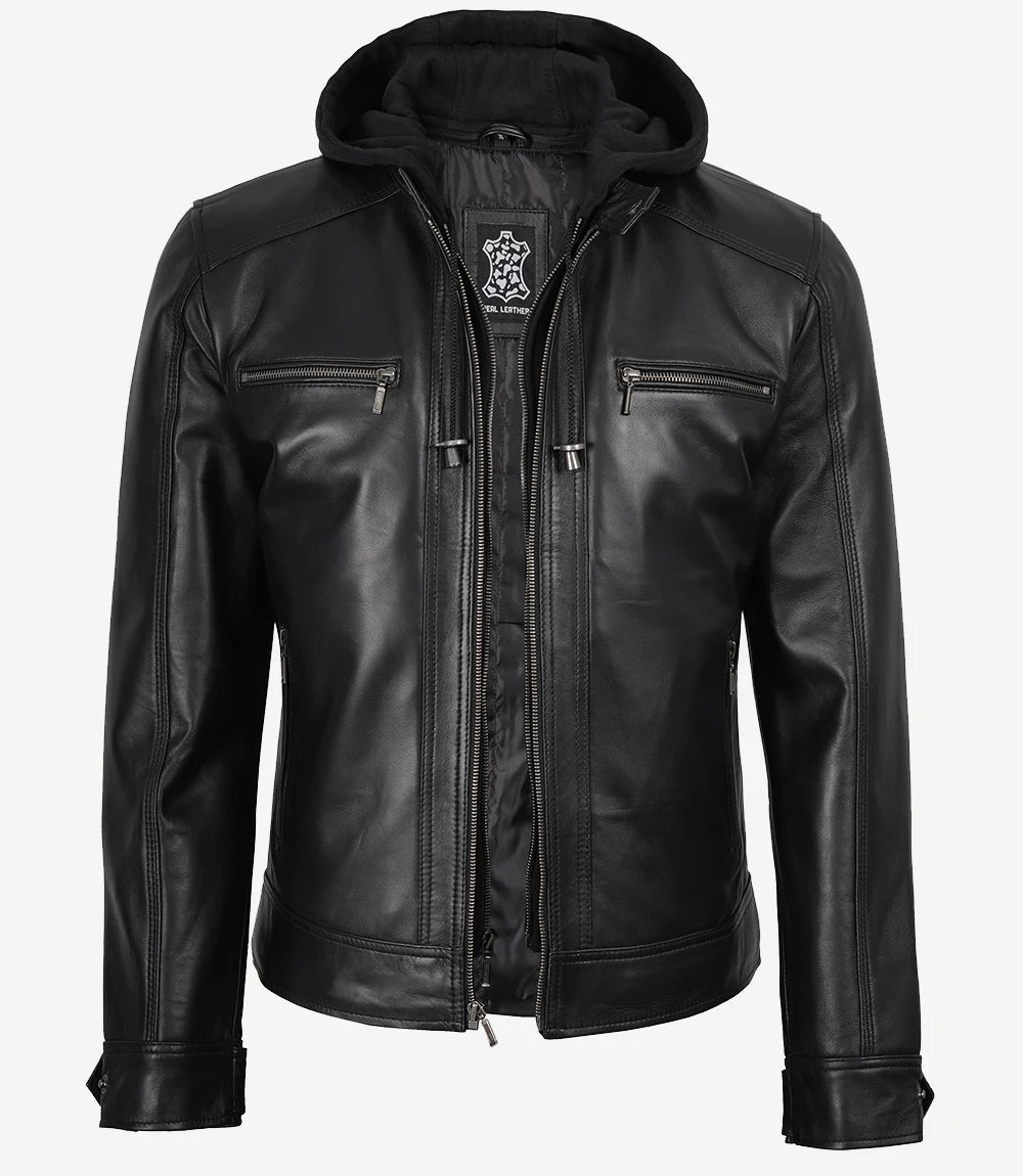 Men's Black Hooded Leather Jacket with Detachable Hood