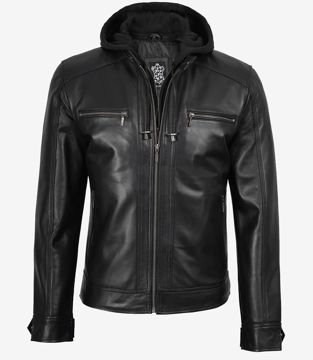 Men's Black Hooded Leather Jacket with Detachable Hood