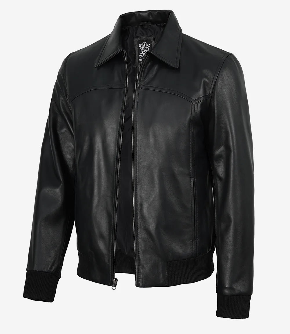 Men's black western style leather bomber jacket with shirt collar
