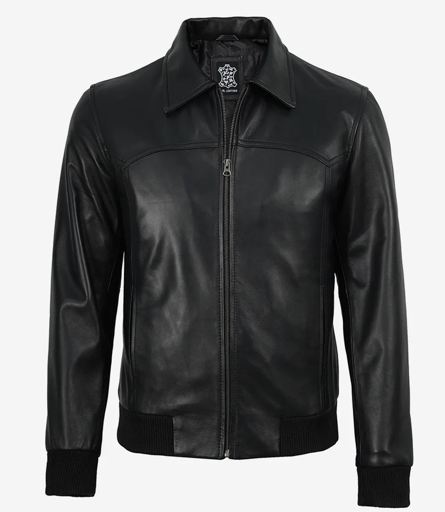 Men's Black Leather Bomber Jacket with Shirt Collar