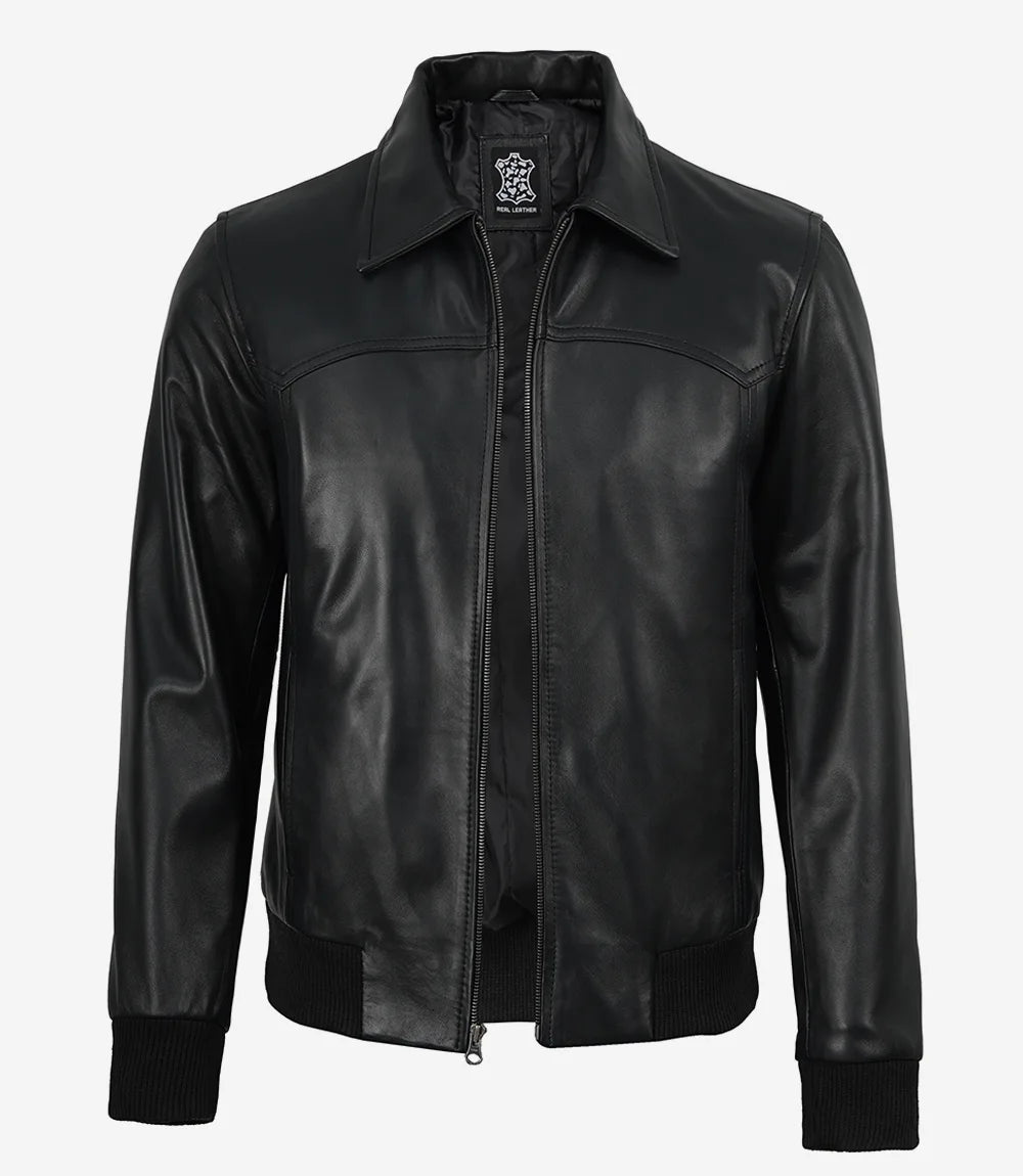 Men's black western style leather bomber jacket with shirt collar