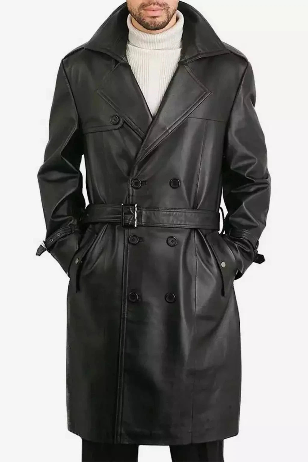 Men's Long Length Black Sheepskin Leather Coat