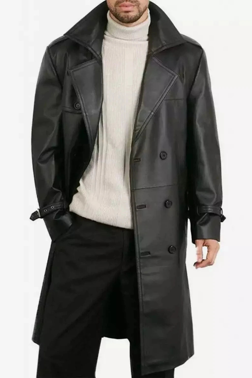 Men's Long Length Black Sheepskin Leather Coat