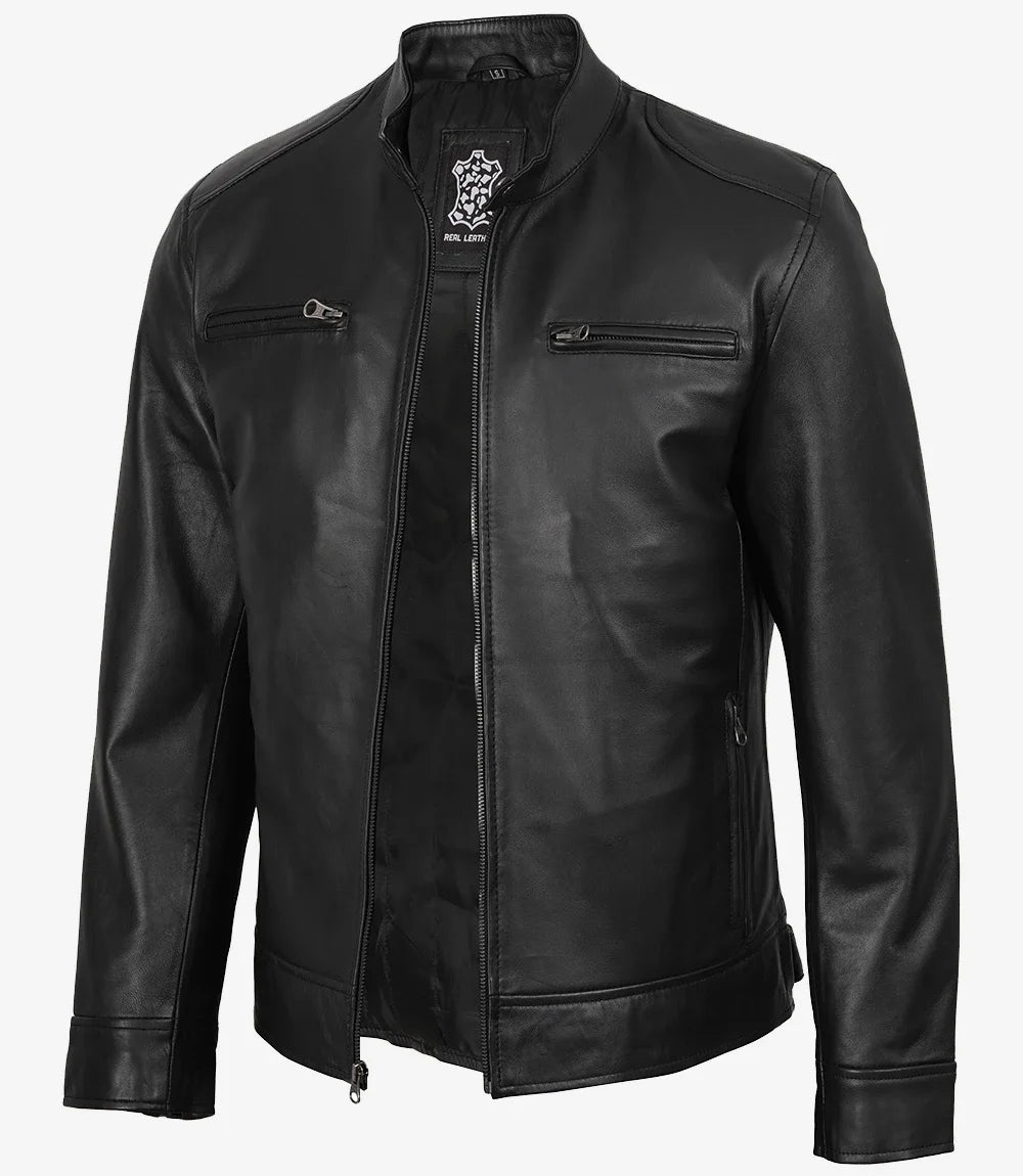 Men's Black Sheepskin Leather Biker Style Jacket