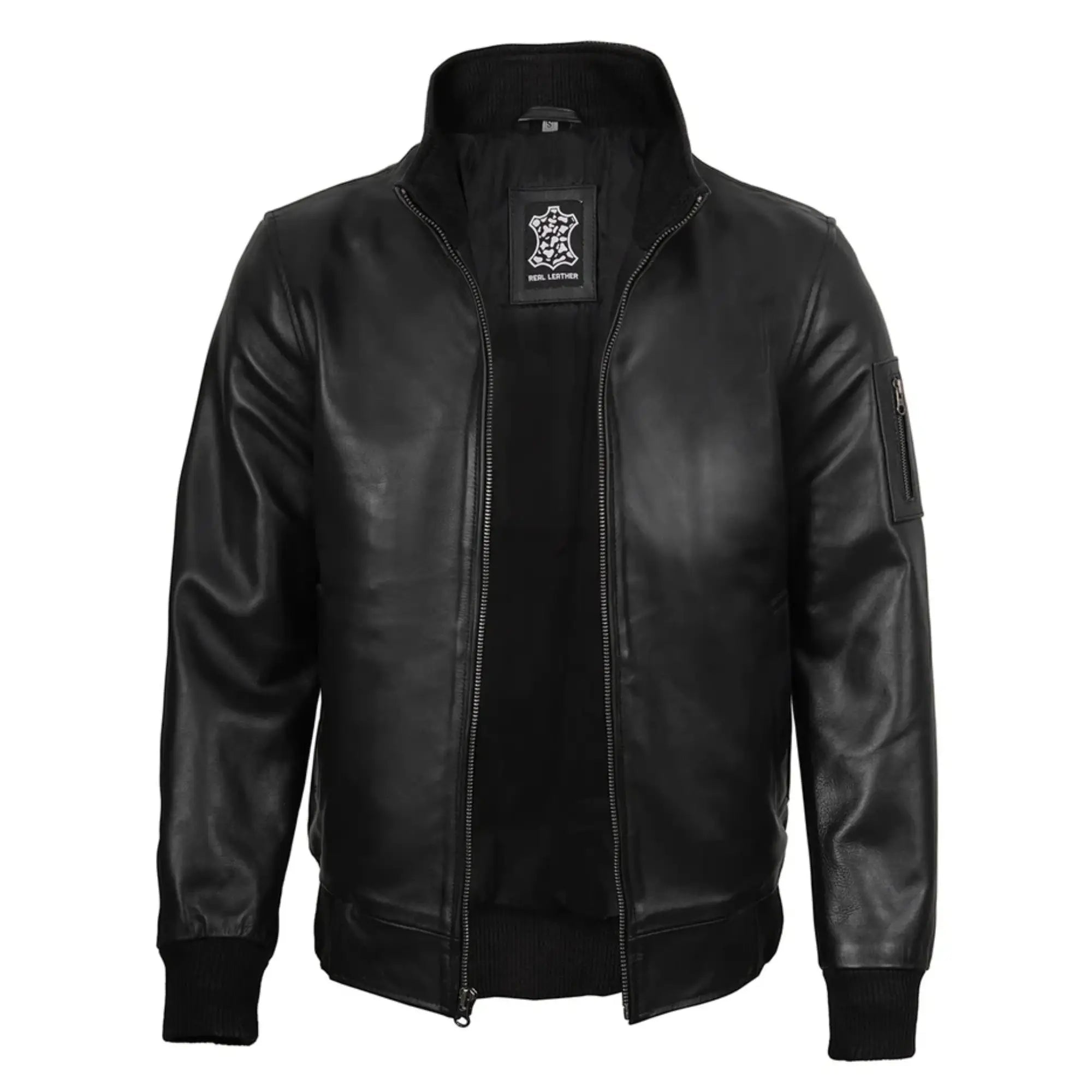 Men's Black Sheepskin Leather Bomber Jacket
