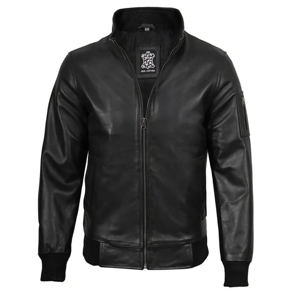 Men's Black Sheepskin Leather Bomber Jacket
