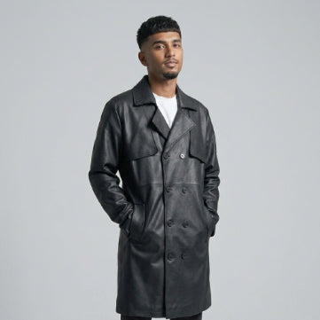 Men's Black Sheepskin Leather Trench Coat