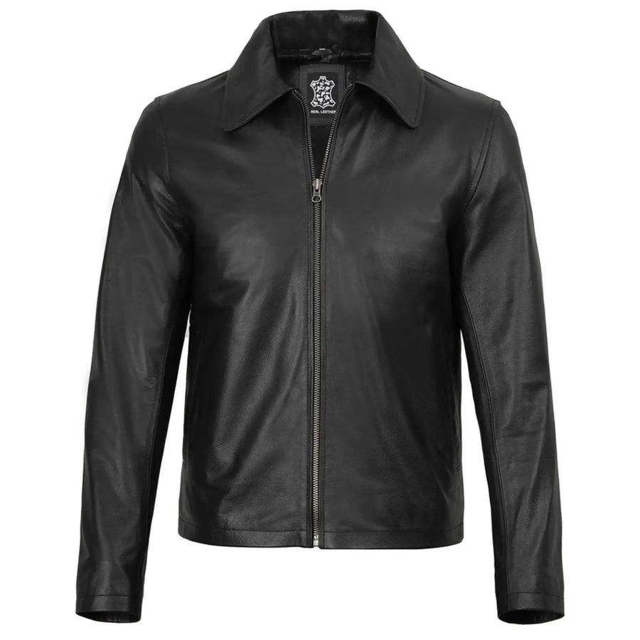 Men's Black Shirt Collar Sheepskin Leather Jacket