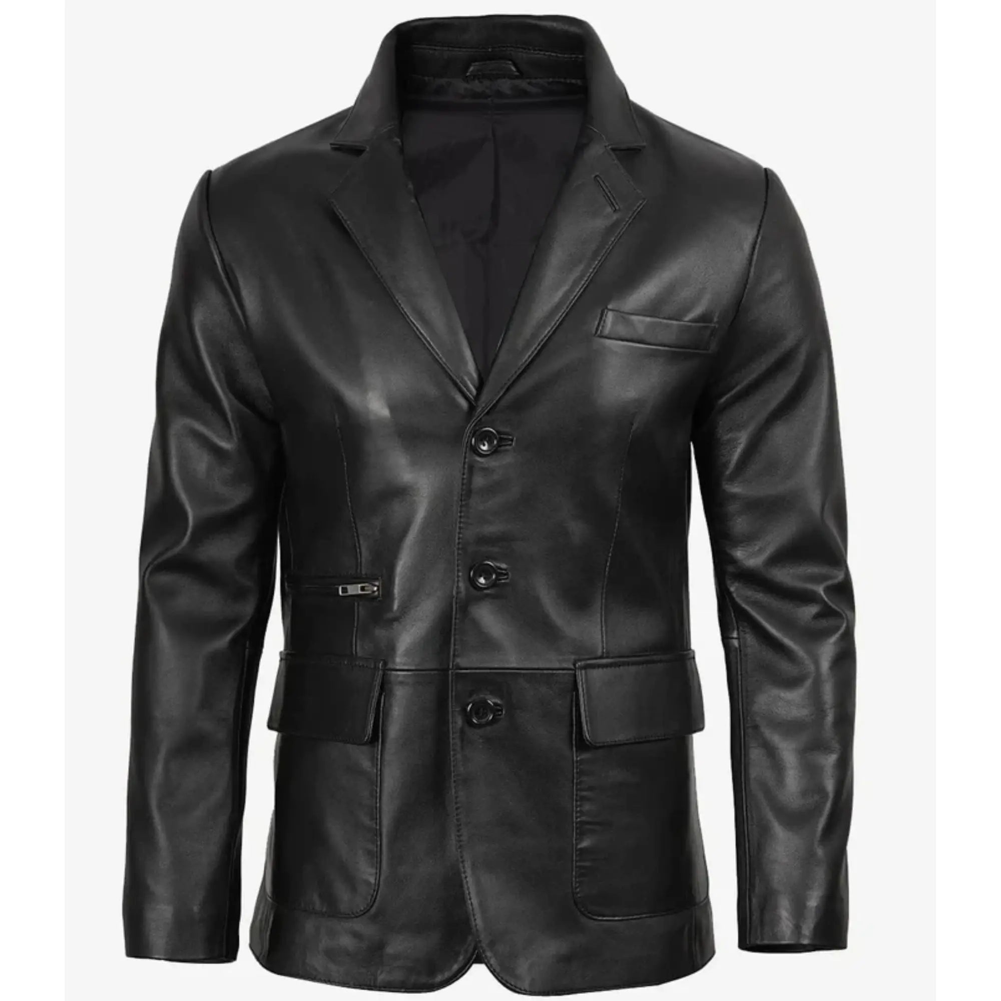 Men's Black Three Button Real Leather Blazer