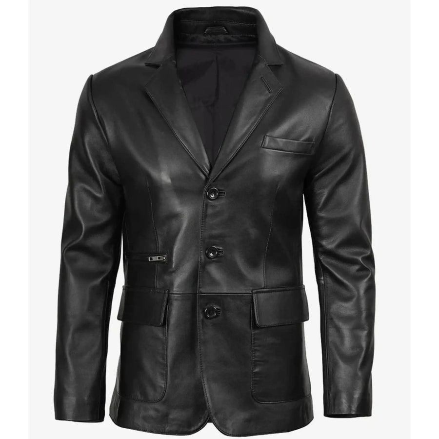 Men's Black Three Button Real Leather Blazer