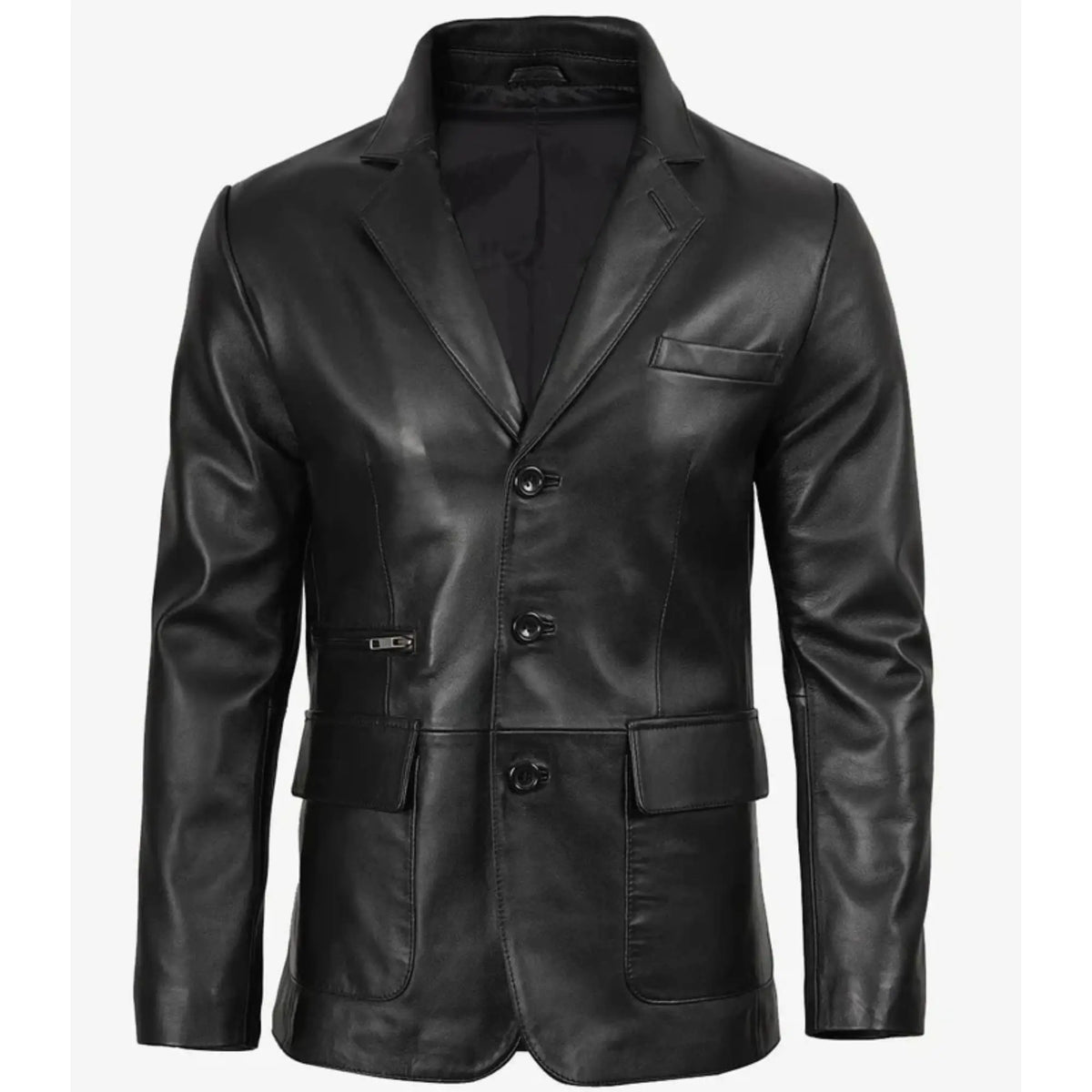 Men's Black Three Button Real Leather Blazer