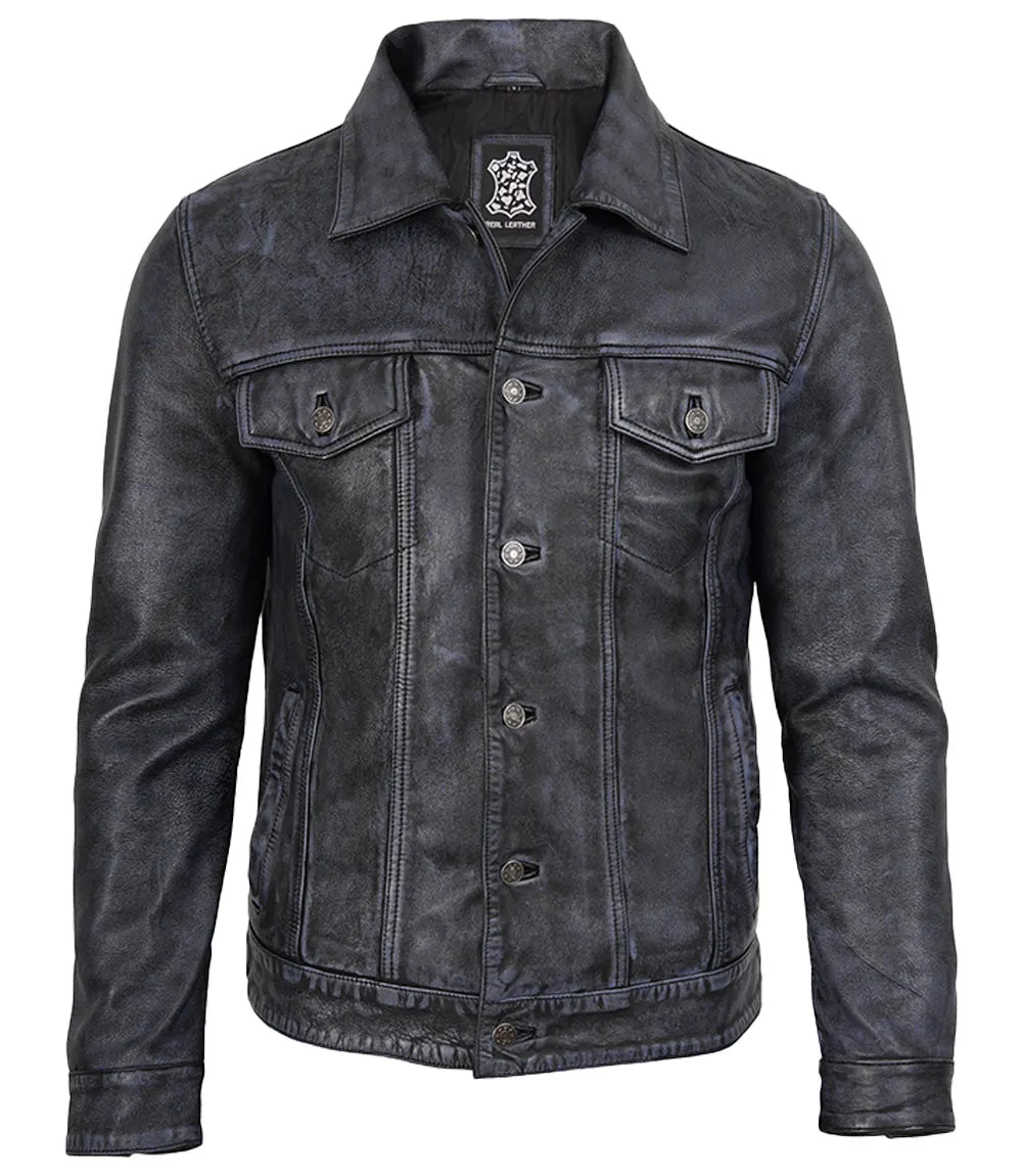 Men's Black Washed Leather Trucker Jacket