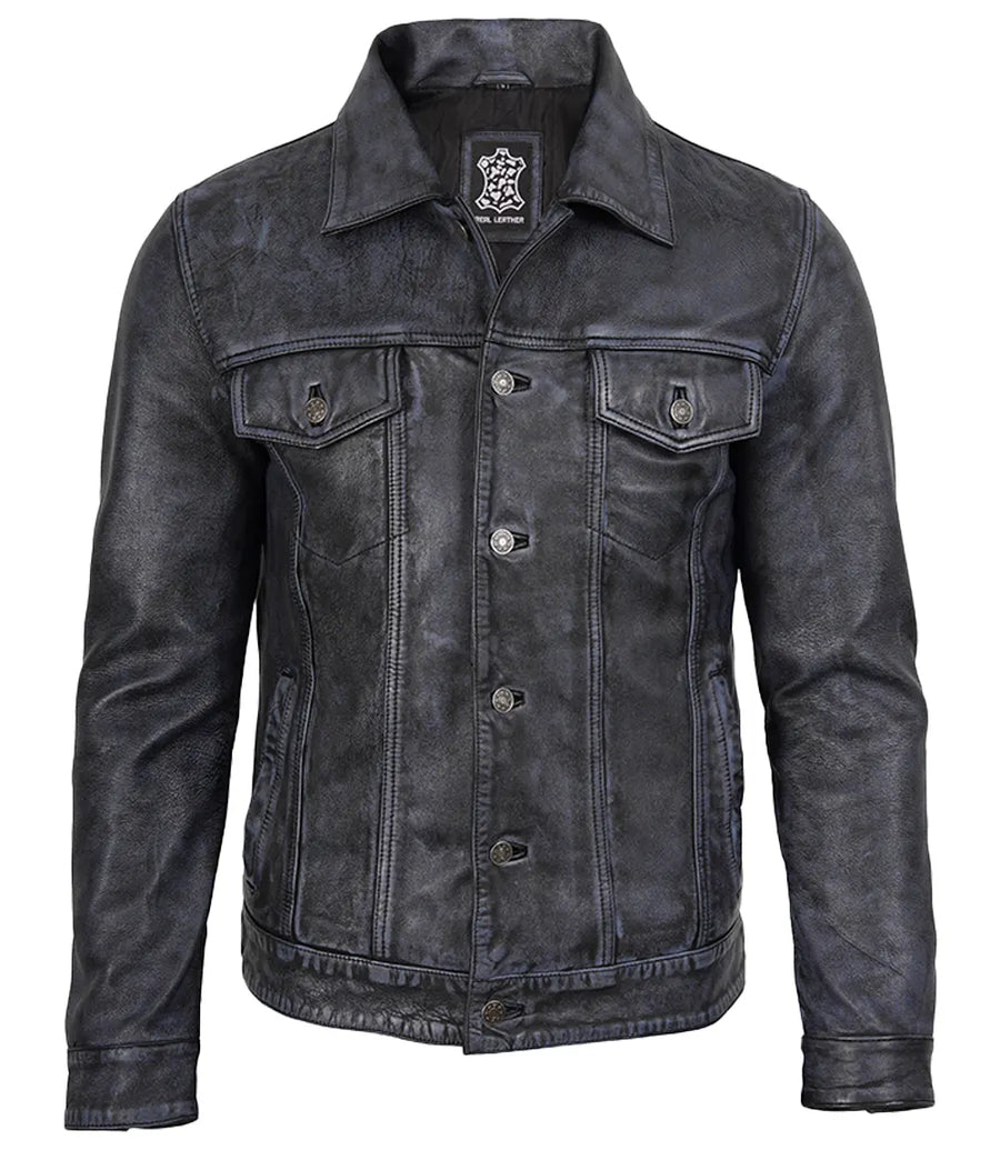Men's Black Washed Leather Trucker Jacket