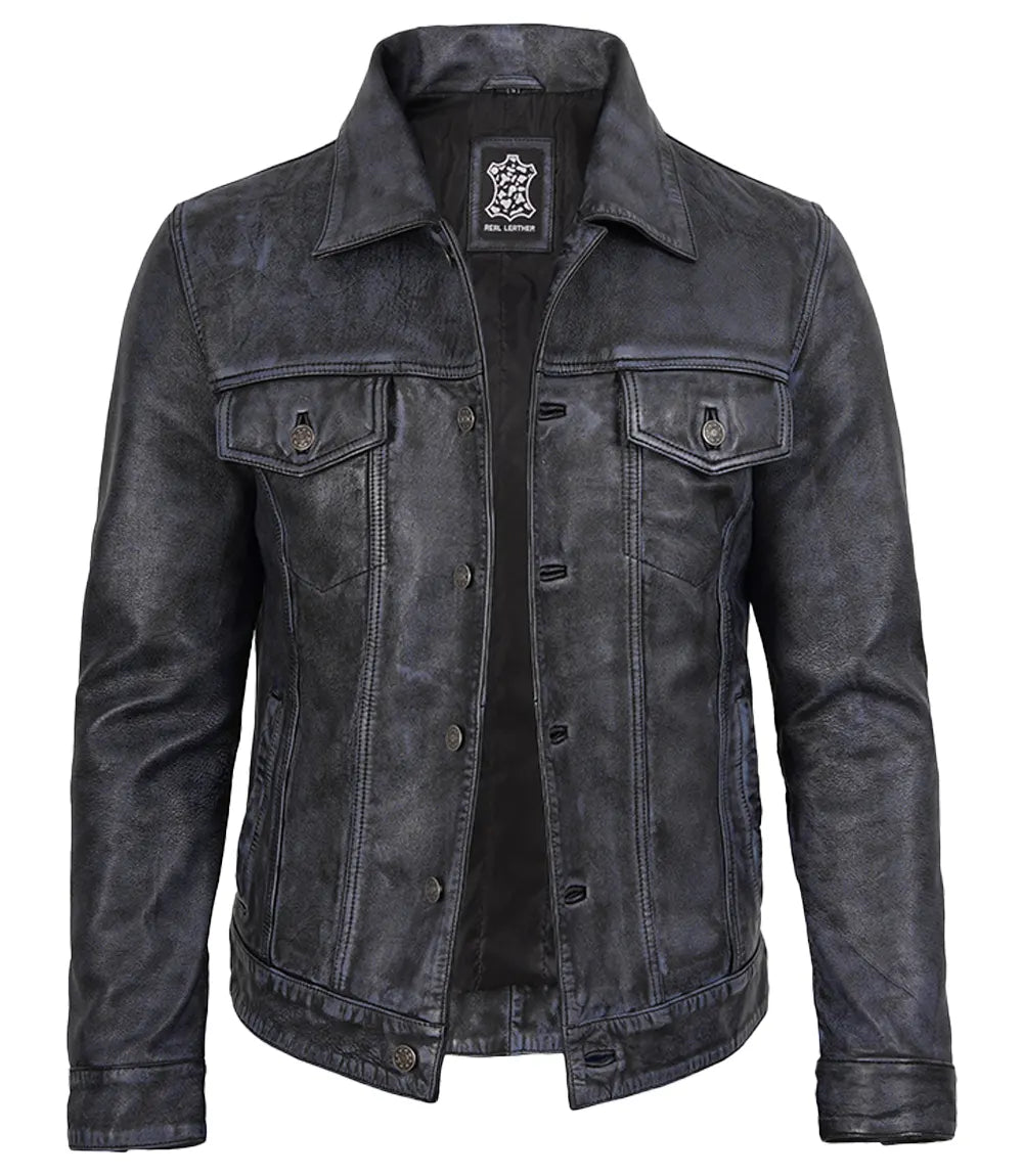 Men's Black Washed Leather Trucker Jacket